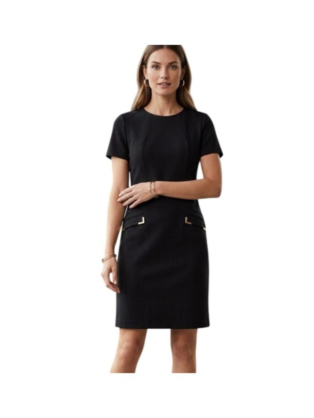 Donna Morgan Mini Dress Size 6 Short Sleeve Gold Accent Pockets Corporate Chic